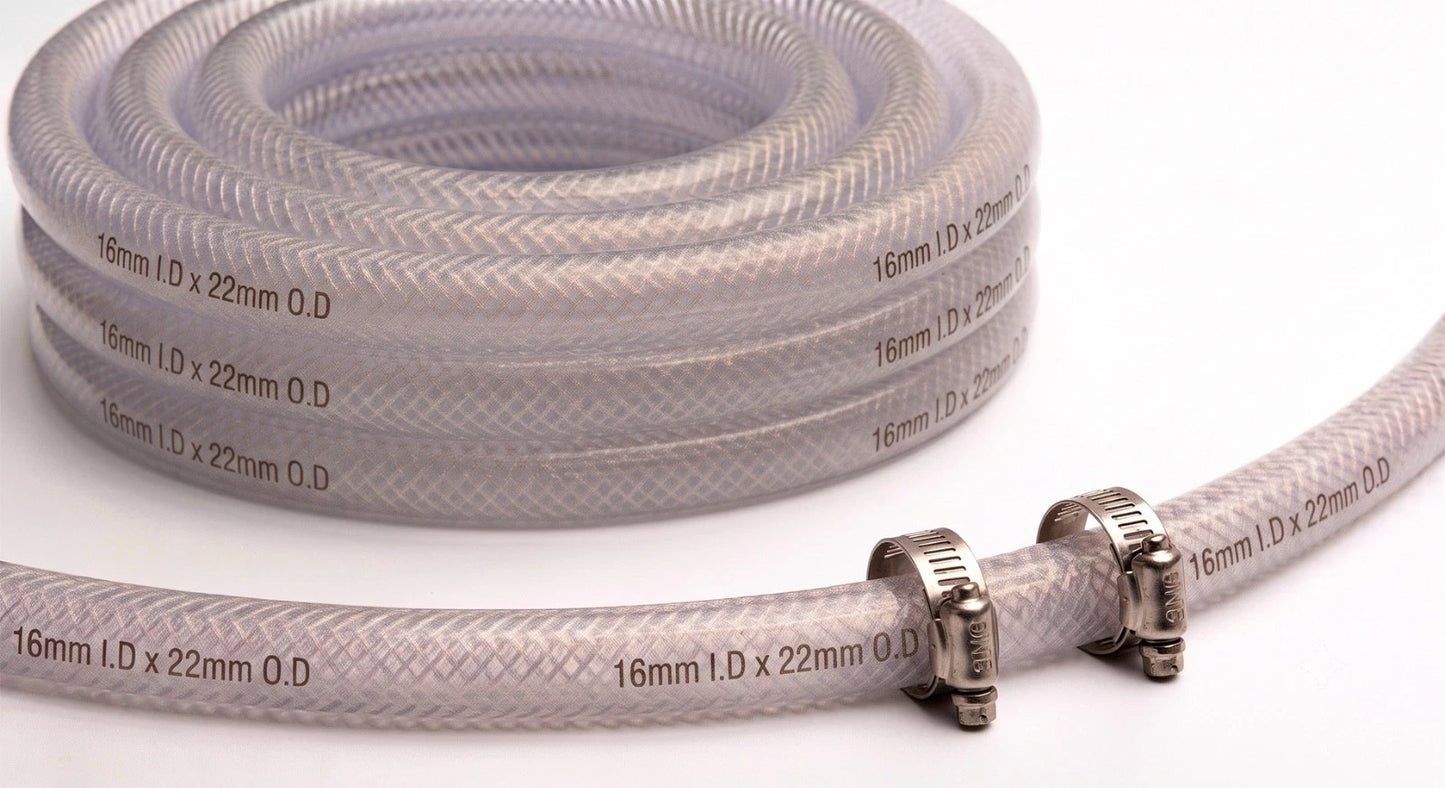 Heavy Duty Braided Clear PVC Hose Pipe +2 Clips Water Fuel