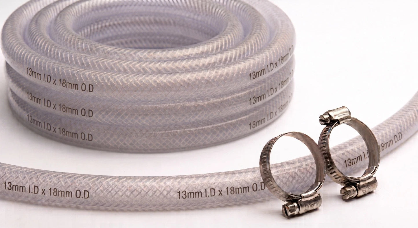 Heavy Duty Braided Clear PVC Hose Pipe +2 Clips Water Fuel