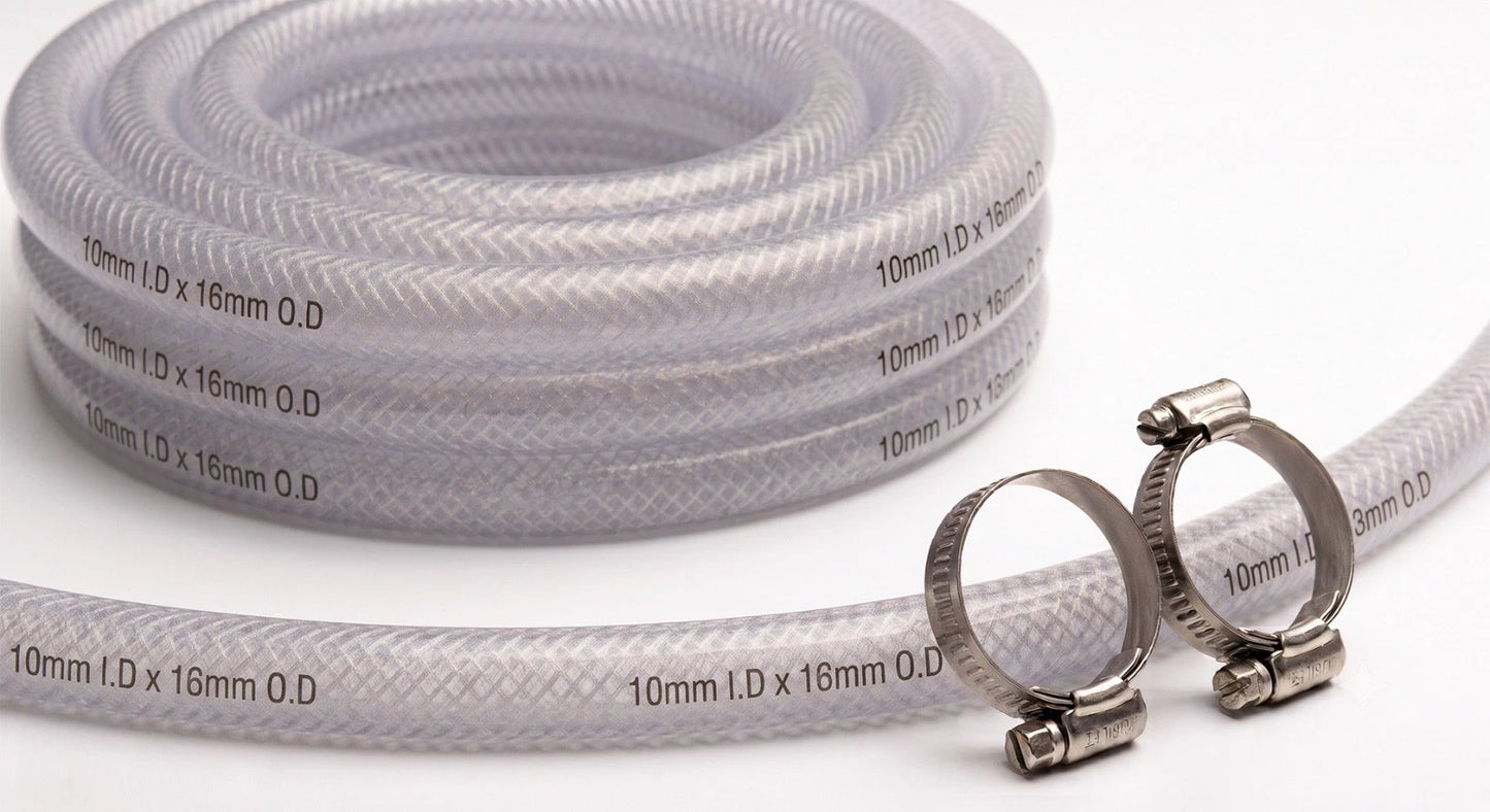 Heavy Duty Braided Clear PVC Hose Pipe +2 Clips Water Fuel