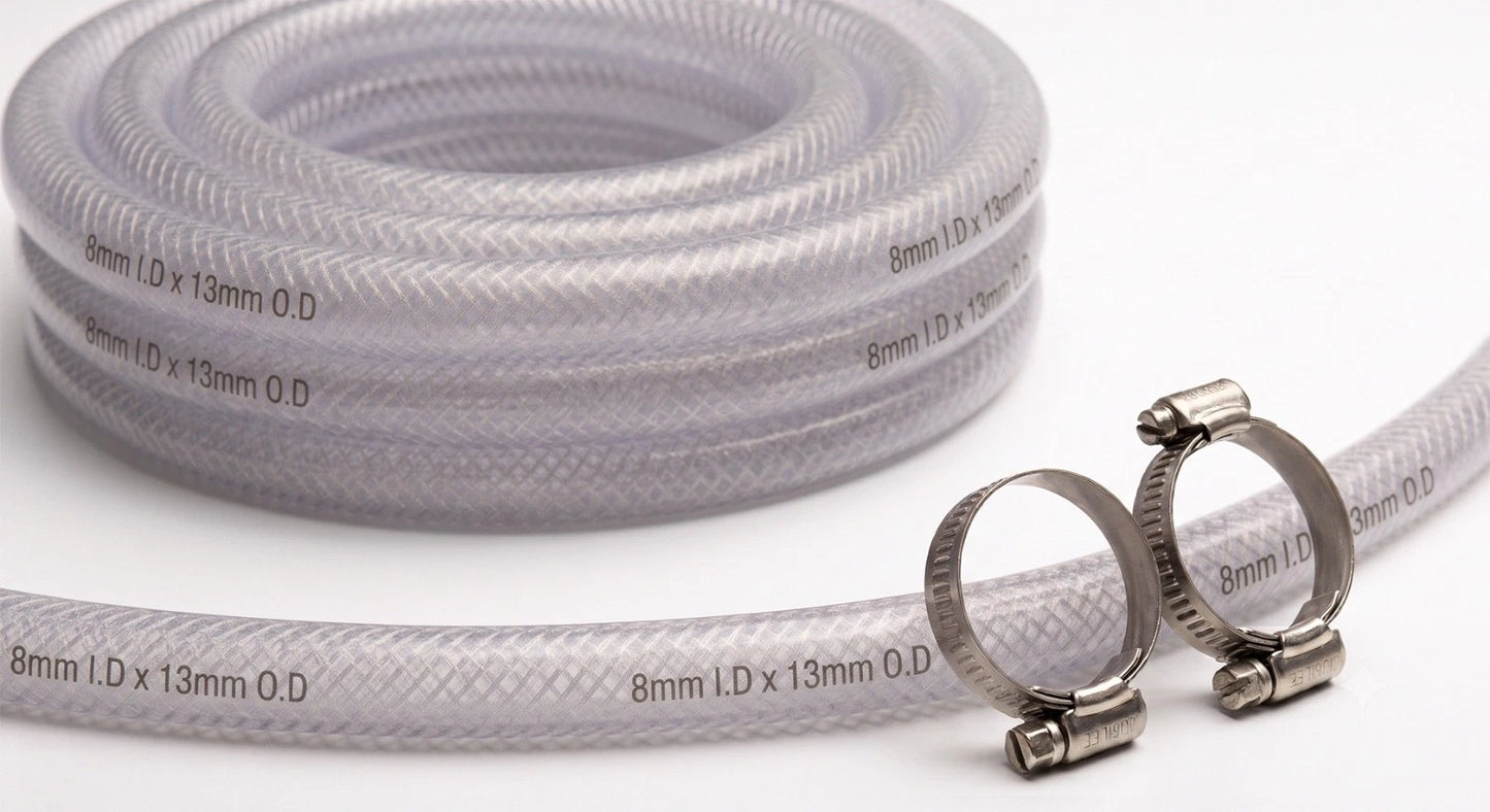 Heavy Duty Braided Clear PVC Hose Pipe +2 Clips Water Fuel