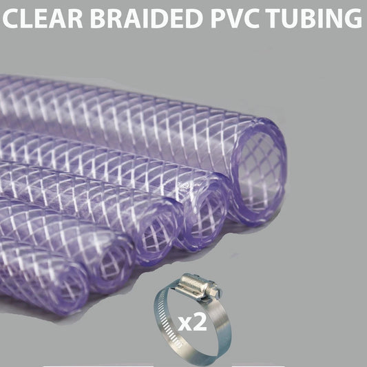 PVC HOSE Clear Flexible Reinforced Braided Food Grade Water Tube Pipe & 2 CLIPS